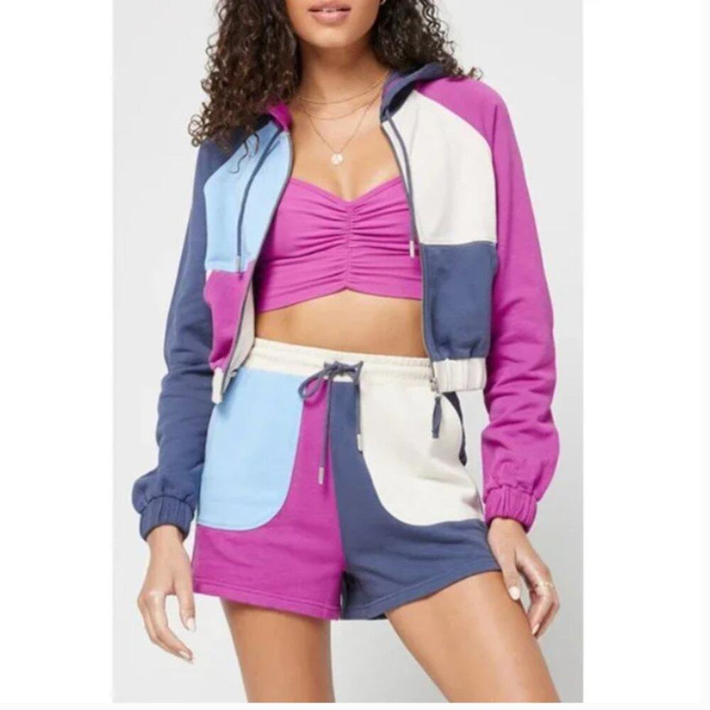 L*Space Colorblock Crop Hoodie Y2K Full Zip Jacket Athleisure Loungewear Relax